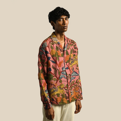 Amber Shirt - Jaisalmer Blush | Men's Relaxed Fit Kalamkari Shirt with Cuban Collar & Mother of Pearl Buttons