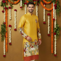 Men’s Mustard Kalamkari Kurta With Wedding Theme Print, Premium Festive & Celebration Wear
