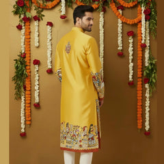 Men’s Mustard Kalamkari Kurta With Wedding Theme Print, Premium Festive & Celebration Wear