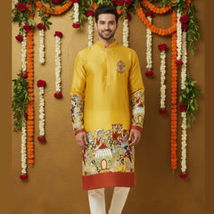 Men’s Mustard Kalamkari Kurta With Wedding Theme Print, Premium Festive & Celebration Wear