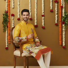 Men’s Mustard Kalamkari Kurta With Wedding Theme Print, Premium Festive & Celebration Wear