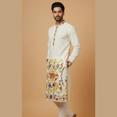 Men’s Off-White Kalamkari Kurta With Multicolor Floral & Tiger Print, Premium Festive Ethnic Wear