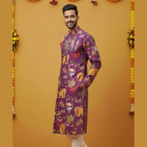 Men’s Purple Kalamkari Kurta With Multicolor Animal Print, Festive Ethnic Wear for Weddings & Celebrations