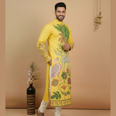 Men’s Yellow Kalamkari Swan Print Cotton Kurta | Ethnic Festive Wear