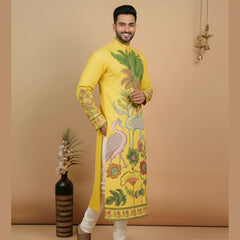 Men’s Yellow Kalamkari Swan Print Cotton Kurta | Ethnic Festive Wear