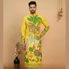 Men’s Yellow Kalamkari Swan Print Cotton Kurta | Ethnic Festive Wear