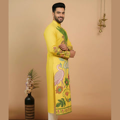 Men’s Yellow Kalamkari Swan Print Cotton Kurta | Ethnic Festive Wear