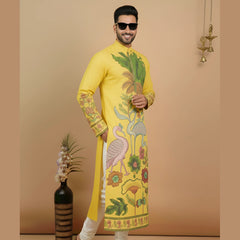 Men’s Yellow Kalamkari Swan Print Cotton Kurta | Ethnic Festive Wear
