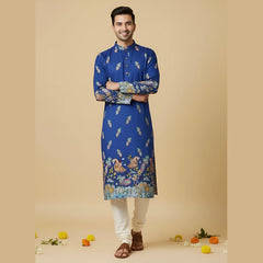 Blue Cotton Kurta for Men | Stylish Kalamkari-Inspired Traditional Kurta | Comfortable Ethnic Wear