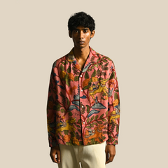 Amber Shirt - Jaisalmer Blush | Men's Relaxed Fit Kalamkari Shirt with Cuban Collar & Mother of Pearl Buttons