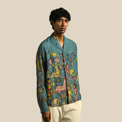 Amber Shirt - Nilgiri | Men's Relaxed Fit Kalamkari Shirt with Cuban Collar & Mother of Pearl Buttons