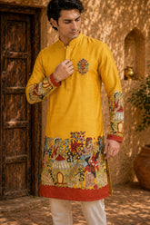Men’s Mustard Kalamkari Kurta With Wedding Theme Print, Premium Festive & Celebration Wear