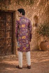 Men’s Purple Kalamkari Kurta With Multicolor Animal Print, Festive Ethnic Wear for Weddings & Celebrations