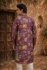 Men’s Purple Kalamkari Kurta With Multicolor Animal Print, Festive Ethnic Wear for Weddings & Celebrations