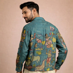 Amber Shirt - Nilgiri | Men's Relaxed Fit Kalamkari Shirt with Cuban Collar & Mother of Pearl Buttons