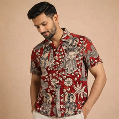 Red Kalamkari Shirt | Linen Fabric and Corozzo Buttons