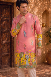 Men’s Pink Festive Kurta with Royal Miniature Art Border Print | Soft Fabric | Mandarin Collar | Wedding & Celebration Wear