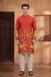 Men’s Red Kalamkari Print Cotton Kurta | Ethnic Festive Wear Kurta