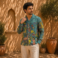 Amber Shirt - Nilgiri | Men's Relaxed Fit Kalamkari Shirt with Cuban Collar & Mother of Pearl Buttons