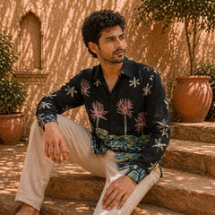 Men's Black Lotus Garden Inspired Kalamkari Art Linen Shirt For Ethnic Wear & Festive Gatherings