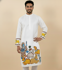 White Kalamkari Inspired Men’s Kurta – Premium Cotton Ethnic Wear