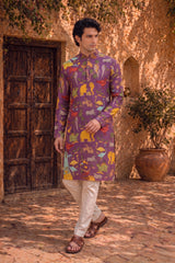 Men’s Purple Kalamkari Kurta With Multicolor Animal Print, Festive Ethnic Wear for Weddings & Celebrations