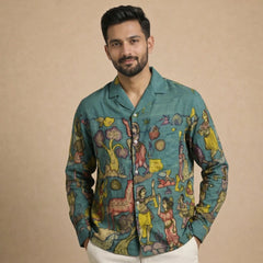 Amber Shirt - Nilgiri | Men's Relaxed Fit Kalamkari Shirt with Cuban Collar & Mother of Pearl Buttons