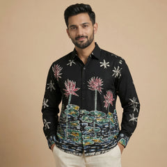 Men's Black Lotus Garden Inspired Kalamkari Art Linen Shirt For Ethnic Wear & Festive Gatherings