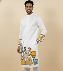 White Kalamkari Inspired Men’s Kurta – Premium Cotton Ethnic Wear