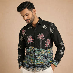Men's Black Lotus Garden Inspired Kalamkari Art Linen Shirt For Ethnic Wear & Festive Gatherings