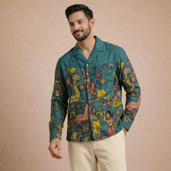 Amber Shirt - Nilgiri | Men's Relaxed Fit Kalamkari Shirt with Cuban Collar & Mother of Pearl Buttons