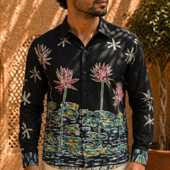 Men's Black Lotus Garden Inspired Kalamkari Art Linen Shirt For Ethnic Wear & Festive Gatherings