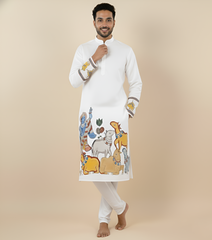 White Kalamkari Inspired Men’s Kurta – Premium Cotton Ethnic Wear