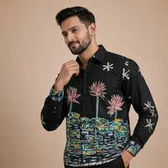 Men's Black Lotus Garden Inspired Kalamkari Art Linen Shirt For Ethnic Wear & Festive Gatherings