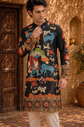 Men’s Black Kalamkari Kurta With Multicolor Animal & Floral Print, Premium Festive Ethnic Wear