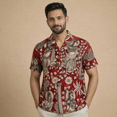 Red Kalamkari Shirt | Linen Fabric and Corozzo Buttons