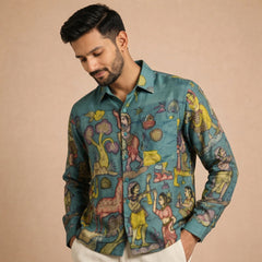 Amber Shirt - Nilgiri | Men's Relaxed Fit Kalamkari Shirt with Cuban Collar & Mother of Pearl Buttons