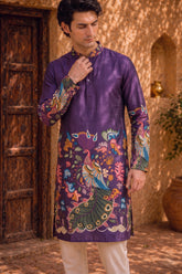 Men’s Ethnic Purple Cotton Kurta with Kalamkari Motifs