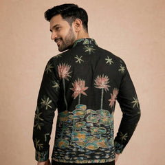 Men's Black Lotus Garden Inspired Kalamkari Art Linen Shirt For Ethnic Wear & Festive Gatherings