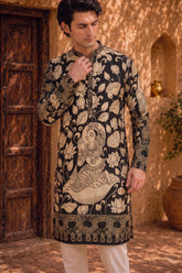 Men’s Black Kalamkari Kurta With Beige Lotus Print, Festive Ethnic Wear for Weddings & Celebrations