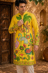 Men’s Yellow Kalamkari Swan Print Cotton Kurta | Ethnic Festive Wear