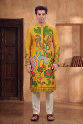Men’s Yellow Kalamkari Swan Print Cotton Kurta | Ethnic Festive Wear