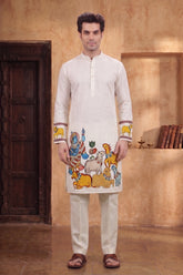White Kalamkari Inspired Men’s Kurta – Premium Cotton Ethnic Wear