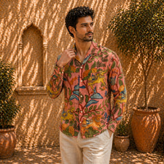 Amber Shirt - Jaisalmer Blush | Men's Relaxed Fit Kalamkari Shirt with Cuban Collar & Mother of Pearl Buttons