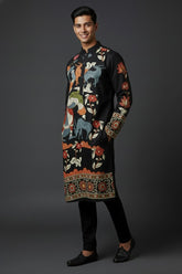 Men’s Black Kalamkari Kurta With Multicolor Animal & Floral Print, Premium Festive Ethnic Wear