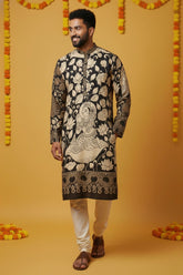 Men’s Black Kalamkari Kurta With Beige Lotus Print, Festive Ethnic Wear for Weddings & Celebrations