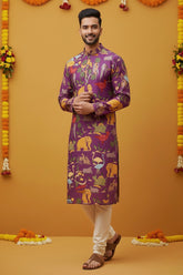 Men’s Purple Kalamkari Kurta With Multicolor Animal Print, Festive Ethnic Wear for Weddings & Celebrations