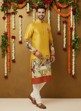 Men’s Mustard Kalamkari Kurta With Wedding Theme Print, Premium Festive & Celebration Wear
