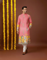 Men’s Pink Festive Kurta with Royal Miniature Art Border Print | Soft Fabric | Mandarin Collar | Wedding & Celebration Wear