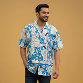 Blue Kalamkari Shirt | Printed Linen Shirt with Corozzo Buttons & Indigo Dye
